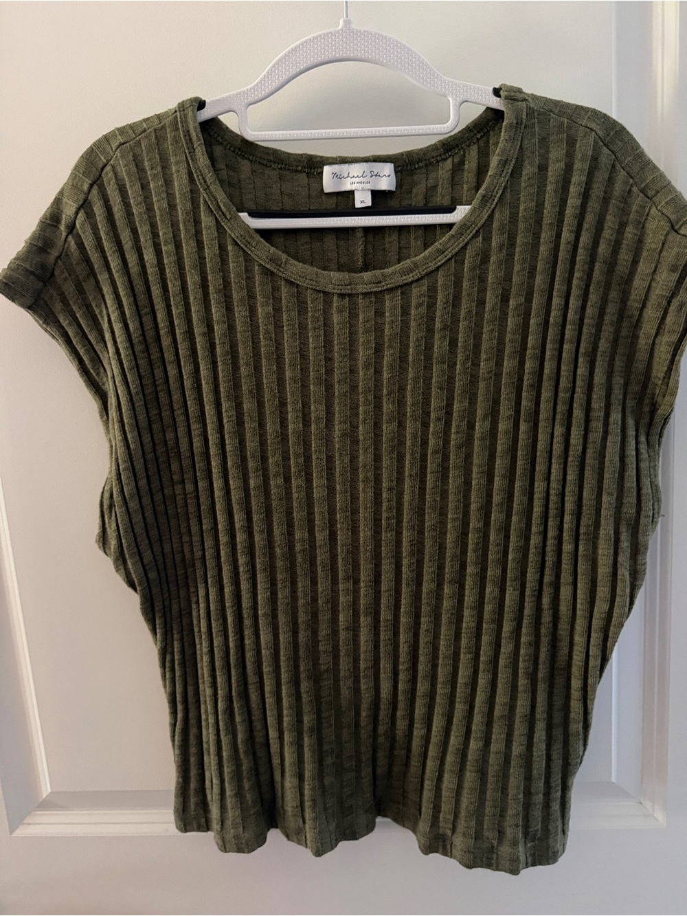 Michael Stars Olive Green Ribbed Cap-Sleeve Tee XL